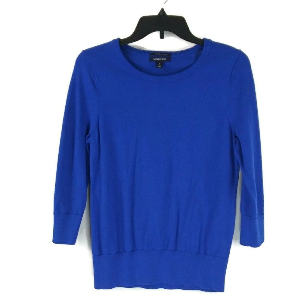 LAND'S END 100% SUPIMA COTTON 3/4 Sleeve Blue Blouse Women’s Small Wide Hem Top